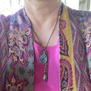 Vintage Peacock Necklace and Earrings. 21" chain.